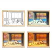 Tableau lumineux LED cadre bois naturel, salon avec grandes fenêtres éclairé en 4 teintes chaleureuses, décoration intérieure