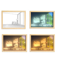 Tableau lumineux LED cadre bois, 4 modes couleur sur scène intérieure avec baie vitrée, fauteuil et terrasse, décoration