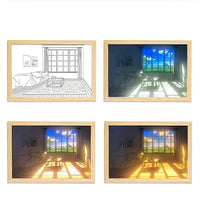 Tableau lumineux LED chambre à coucher avec grande fenêtre, 4 ambiances lumineuses de blanc à orange chaud, décoration murale