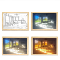 Tableau lumineux LED salon américain avec ventilateur au plafond, 4 ambiances lumineuses du blanc au chaud ambré, cadre bois