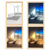 Tableau lumineux LED terrasse vue montagne avec canapé, 4 modes couleur du blanc au jaune ambré, cadre bois clair décoratif