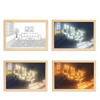 Tableau lumineux LED scène de salon avec plantes et fenêtre, illustration anime rétroéclairée en 4 tons, décoration murale