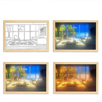Tableau lumineux LED salon tropical avec palmiers et vue sur la plage, 4 couleurs disponibles dont bleu et jaune chaud