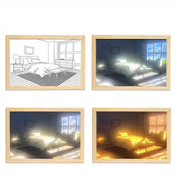 Tableau lumineux LED scène extérieure avec escalier et lampadaire de rue, 4 teintes lumineuses dont blanc froid et or chaud