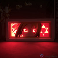 Boite lumineuse Edward Elric FMA rouge vif en mode sombre, yeux lumineux avec symboles alchimie découpés illuminés