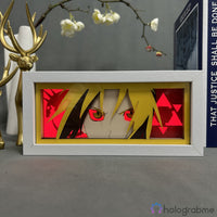 Boite lumineuse Edward Elric Fullmetal Alchemist lumière jaune-rouge, cheveux blonds et triangles alchimie éclairés