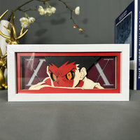 Boite lumineuse Gon Freecss Hunter x Hunter, regard orange félin sur fond rouge foncé avec grandes lettres X de chaque côté