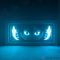 Boite lumineuse Hinata Shoyo Haikyuu mode sombre lumière bleue, silhouette et ailes découpées illuminées intensément