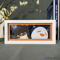 Boite lumineuse Hu Tao Genshin Impact cadre blanc, portrait papier découpé fond bleu foncé avec plum blossom et fantôme