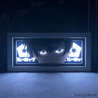 Boite lumineuse Itoshi Rin Blue Lock mode sombre lumière bleue, yeux froids lumineux et logos Blue Lock illuminés en bleu