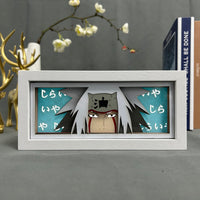 Boite lumineuse Jiraya Naruto fond bleu turquoise avec kanji japonais, cadre blanc horizontal décoration bureau
