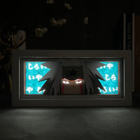 Boite lumineuse Jiraya rétroéclairée bleu nuit, texte japonais brillant autour du visage de l'ermite légendaire