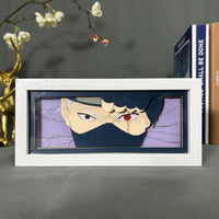 Boite lumineuse Kakashi Naruto éteinte, regard glacial avec masque ninja et sharingan rouge sur fond mauve