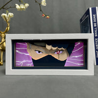 Boite lumineuse Kakashi fond violet avec sharingan et éclairs blancs, décoration chambre gaming manga Naruto