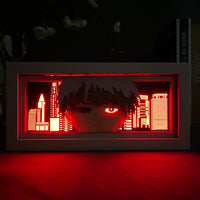 Boite lumineuse Ken Kaneki en mode goule, gratte-ciels en silhouette rouge et regard dévastateur en ambiance nocturne