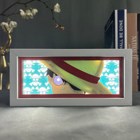 Boite lumineuse Luffy éclairée, chapeau de paille lumineux et jolly roger One Piece sur fond turquoise décoration chambre