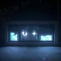Boite lumineuse Megumin Konosuba rétroéclairée en bleu, portrait en papier découpé dans l'obscurité, ambiance chambre gaming