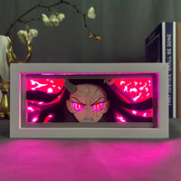 Boite lumineuse Nezuko allumée LED rose portrait démon furieux fond rouge, décoration chambre anime