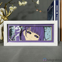 Boite lumineuse Raiden Shogun Genshin cadre blanc, portrait découpe papier fond violet avec motifs de nuages Inazuma