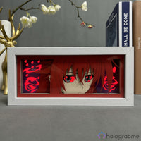 Boite lumineuse Rias Gremory High School DxD rouge allumée, cheveux roux longs et symboles démoniaques éclairés en rouge