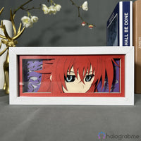 Boite lumineuse Rias Gremory High School DxD éteinte, cadre blanc fond rouge avec cheveux roux et ailes démoniaques