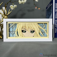 Boite lumineuse Saber Fate Stay Night sans éclairage, portrait en papier découpé aux yeux verts dans un cadre blanc