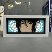 Boite lumineuse Sebastian Michaelis allumée bleue, visage mystérieux du majordome démoniaque avec engrenages découpés