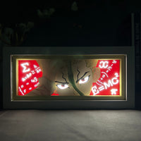 Boite lumineuse Senku Dr Stone rétroéclairage rouge en ambiance nocturne, formules scientifiques et regard obsessionnel