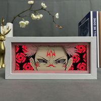 Boite lumineuse Sukuna cadre rose, tatouages rouges lumineux sur fond tourbillons écarlates, décoration chambre manga