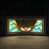 Boite lumineuse Vegeta Dragon Ball illuminée dans l'obscurité, éclairs jaunes luminescents et silhouette Saiyan intense