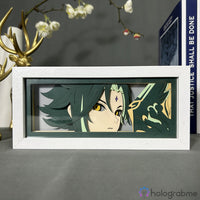 Boite lumineuse Xiao Genshin Impact cadre blanc, portrait en papier découpé aux yeux dorés, motifs végétaux verts et jade