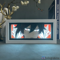 Boite lumineuse Zhongli Genshin Impact éclairée en rouge et blanc, regard intense du personnage avec runes de pierre dorées
