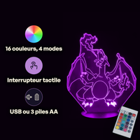 Caractéristiques lampe 3D LED Pokémon Dracaufeu télécommande 16 couleurs USB ou piles