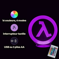 Caractéristiques lampe 3D LED Jeu Vidéo Half Life Logo télécommande 16 couleurs USB ou piles