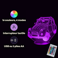 2CV Car Lamp, specifications: remote control, 16 colours, USB or battery powered