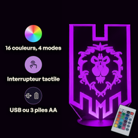 Caractéristiques lampe 3D LED World of Warcraft L'Alliance télécommande 16 couleurs USB ou piles