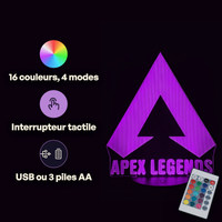 Caractéristiques lampe 3D LED Jeu Vidéo Apex Legends Logo télécommande 16 couleurs USB ou piles