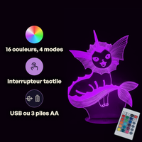 Caractéristiques lampe 3D LED Pokémon Aquali télécommande 16 couleurs USB ou piles