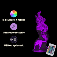 Caractéristiques lampe 3D LED Princesse Disney Ariel télécommande 16 couleurs USB ou piles