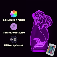 Caractéristiques lampe 3D LED Princesse Disney Ariel la petite sirène télécommande 16 couleurs USB ou piles