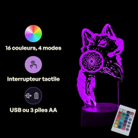 Caractéristiques lampe 3D LED Animal Attrape Rêve Loup télécommande 16 couleurs USB ou piles