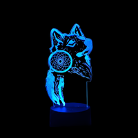 Lampe 3D LED Animal Attrape Rêve Loup effet holographique fond noir