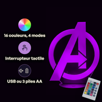 Caractéristiques lampe 3D LED Marvel Avengers Logo télécommande 16 couleurs USB ou piles