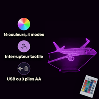 Caractéristiques lampe 3D LED Avion Dans le Ciel télécommande 16 couleurs USB ou piles