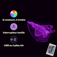 Caractéristiques lampe 3D LED Avion De Chasse télécommande 16 couleurs USB ou piles