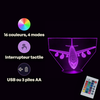 Caractéristiques lampe 3D LED Avion De Ligne télécommande 16 couleurs USB ou piles