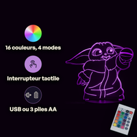 Caractéristiques lampe 3D LED Star Wars Baby Yoda télécommande 16 couleurs USB ou piles