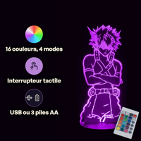 Caractéristiques lampe 3D LED My Hero Academia Bakugo Katsuki télécommande 16 couleurs USB ou piles