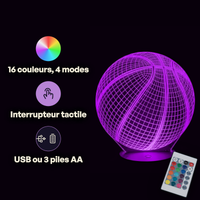 Caractéristiques lampe 3D LED Sport Ballon de Basket télécommande 16 couleurs USB ou piles