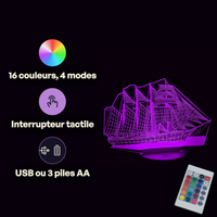 Caractéristiques lampe 3D LED Bateau À Voiles télécommande 16 couleurs USB ou piles